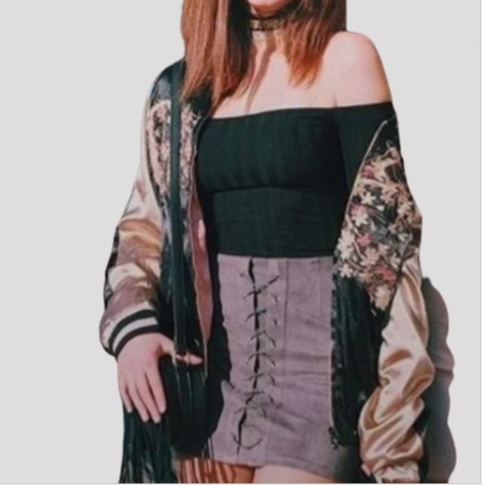 LF Seek The Label Grey Micro Suede Lace Up Front Mini Skirt M